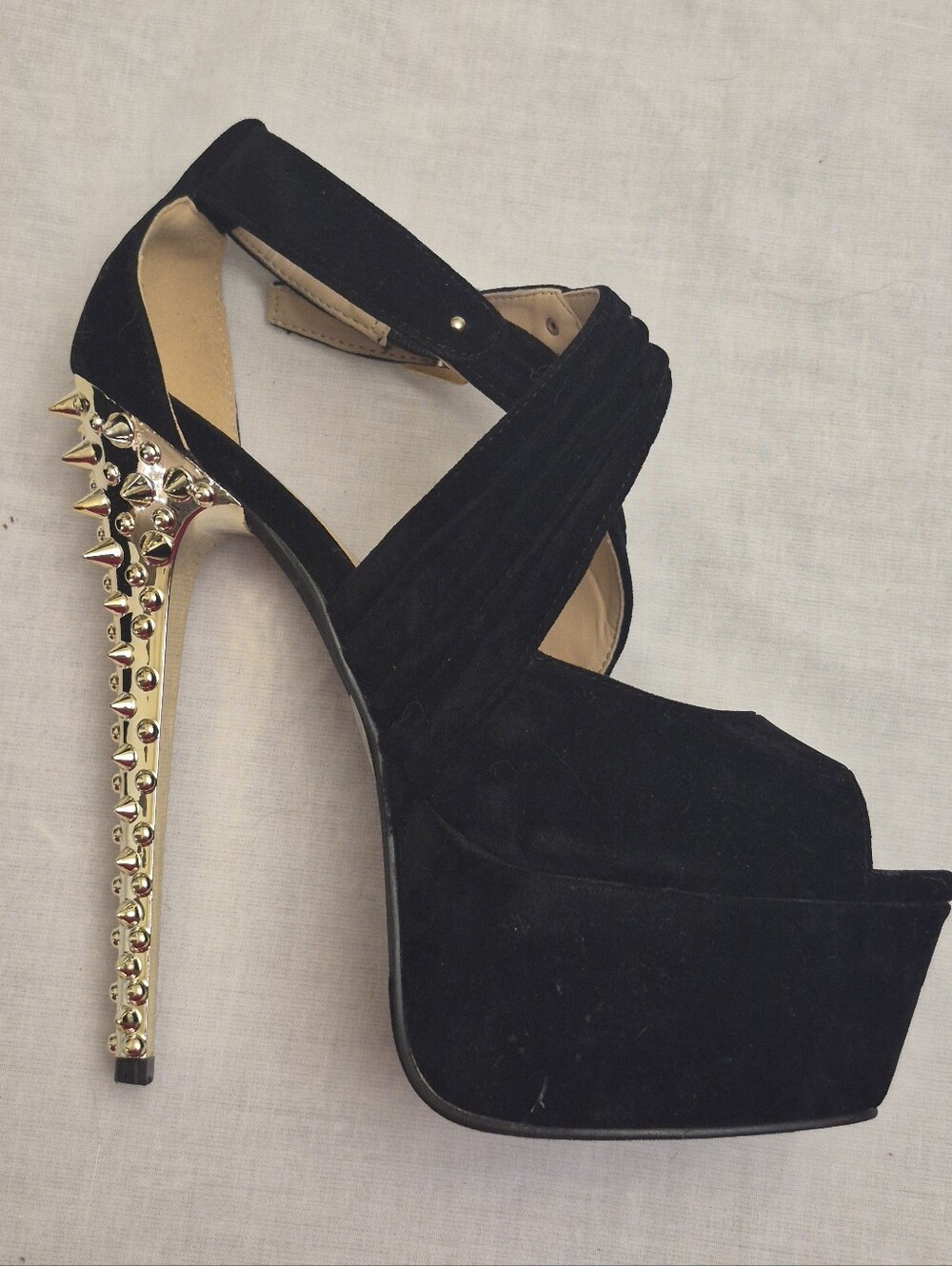 FRH Black Suede Peep Toe Platform Heels Size 6 | Gold Spiked Stiletto
